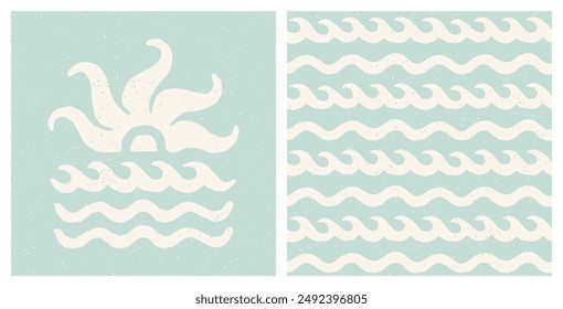 Sea sunset print and ocean waves pattern set. Pastel blue coastal holiday retro groovy design. Vintage summer surf aesthetic cut out collage t shirt, poster, cover template design.