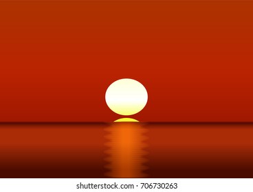 Sea sunset, red water and sky, vector