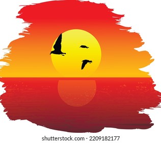 Sea sunset with seagulls. vector