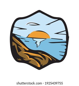 Sea sunset sticker vector. Sunset view with house and mountain illustration, Sunset sticker vector good for print.