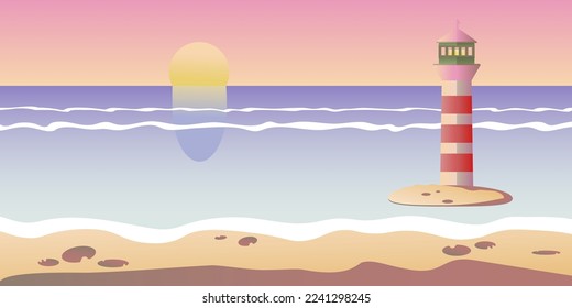 Sea sunset striped lighthouse vector illustration. Beach sand waves pink color. Vacation tourism. Tropical island landscape with ocean sea pebbles and clouds. Resort in bay travel relaxation. 