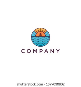 Sea Sunset - Stylish Sunset logo With Circle Concept. Isolated abstract round shape orange color logo, sun and waves logotype vector illustration.