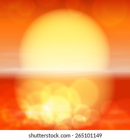 Sea sunset with the sun, light on lens. EPS10 vector.