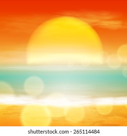 Sea sunset with the sun, light on lens. EPS10 vector.