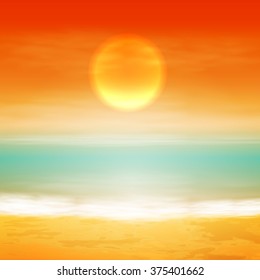 Sea sunset with the sun, light on lens. EPS10 vector.