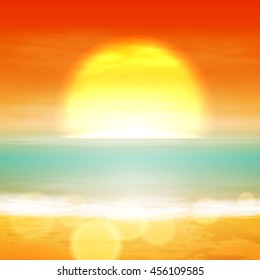 Sea sunset with the sun, light on lens. EPS10 vector.
