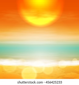 Sea sunset with the sun, light on lens. EPS10 vector.