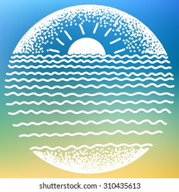 Sea sunset with sun, sea waves and sand. Dots and line modern digital drawing illustration.