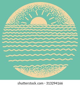 Sea sunset with sun, sea waves and sand. Dots and line modern digital drawing illustration.