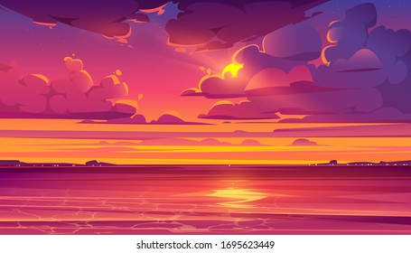 Sea sunset. Tropical landscape with ocean, sky and clouds in red light of evening sun. Vector cartoon summer seascape with orange reflection in water and coastline silhouette on horizon