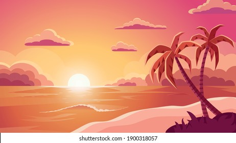 Sea sunset. Tropical landscape with ocean. Vector illustration