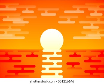 Sea sunset vector background. Clouds, sun and waves, flat style illustration
