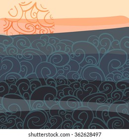 Sea sunset in vector. Doodle illustration