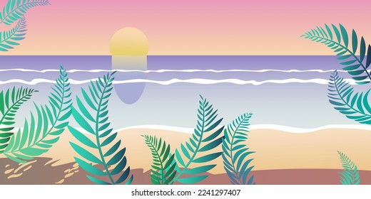 Ilustración vectorial de la puesta de sol del mar. Las palmeras de la playa dan un color rosa a las olas. Turismo vacacional en las Maldivas. Paisaje tropical de islas con océano. Relajación en un complejo turístico en la bahía. Hojas de palma con una sombra delicada