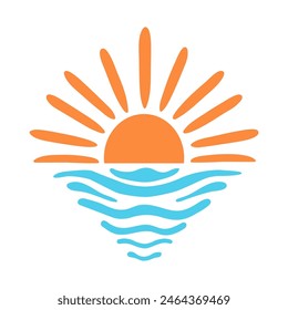 Sea sunset vector illustration. Half sun shape and water waves isolated on white background. Groovy boho summer beach symbol. Flat cartoon icon. Ocean resort, summertime vacation concept