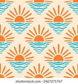 Sea sunset vector seamless pattern. Summer beach repeat design. Half sun shape and water waves on light orange background. Groovy boho coastal resort symbol. Vacation vibes for swimwear, decor