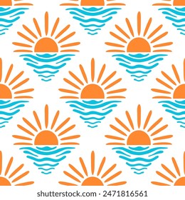 Patrón sin fisuras del Vector del atardecer marino. Diseño de repetición de playa de verano. Forma de medio sol naranja y ondas de agua aisladas sobre fondo blanco. Bonita baldosa de balneario costero boho. Vibraciones de vacaciones para trajes de baño, decoración