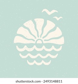 Puesta de sol en el mar, olas y gaviotas voladoras bloquean el diseño de impresión. Diseño elegante retro de vacaciones costeras en azul pastel. Collage de recortes de surf de verano de Antiguas. Camiseta nostálgica de vacaciones en la playa, póster, diseño de portada.