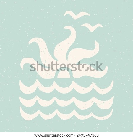 Sea sunset, waves and flying seagulls block print design. Pastel blue coastal holiday retro groovy illustration. Vintage summer surf aesthetic cut out collage t-shirt, poster, cover design template.
