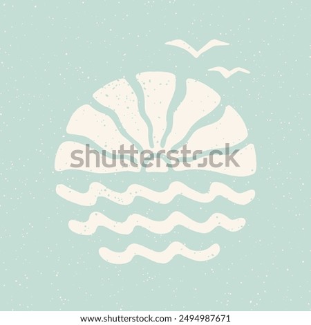 Sea sunset, waves and flying seagulls block print design. Pastel blue coastal holiday retro groovy design. Vintage summer surf collage. Beach vacation nostalgic t-shirt, poster, cover design.