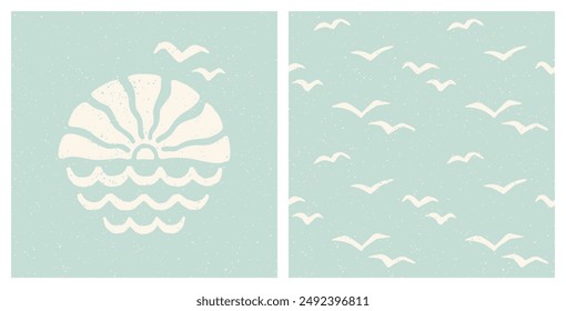 Sea sunset and waves print and flying seagulls pattern set. Pastel blue coastal holiday retro groovy design set. Vintage summer surf aesthetic cut out collage t shirt, poster, cover design template.