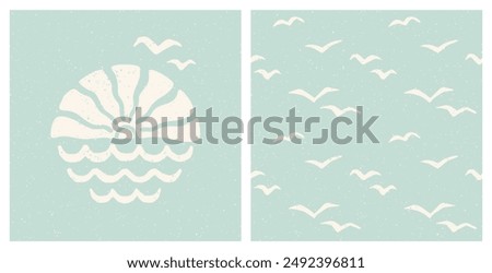 Sea sunset and waves print and flying seagulls pattern set. Pastel blue coastal holiday retro groovy design set. Vintage summer surf aesthetic cut out collage t shirt, poster, cover design template.