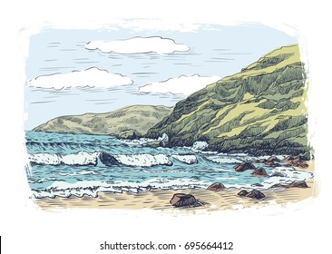 Sea surf and rocks. Color vector sketch