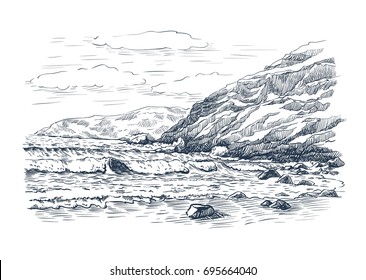 Sea surf and rocks. Vector sketch on white background