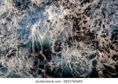 Sea surface background. Top view of elegant foamy water. Can be used in covers, packaging, posters, textures, wallpapers, art and design projects. Captivating vector illustration.