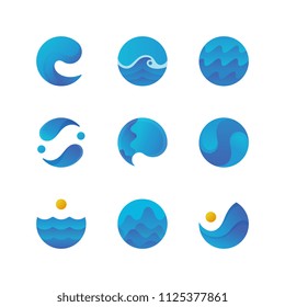 Sea surface, ocean waves logos and water labels. Swimming pool badges. Isolated vector set. Sea wave water ocean emblem collection illustration