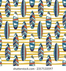 Sea surfing pattern with different type surf desks. Surfboard seamless background in retro colors with scuffs. Summer illustration.