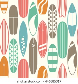 Sea surfing pattern with different type surf desks. Surfboard seamless background in retro colors. Summer travel illustration. Outline surfboards backdrop.