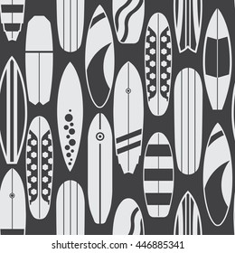 Sea surfing pattern with different type surf desks. Surfboard seamless background in black and white colors. Summer travel illustration. Outline surfboards backdrop.