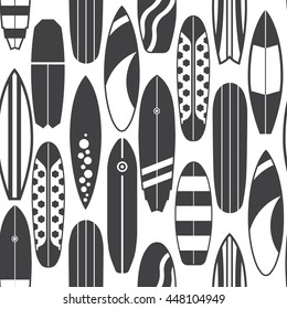 Sea surfing pattern with different type surf desks. Surfboard seamless background in black and white colors. Summer travel illustration. Outline surfboards backdrop.