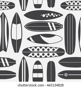 Sea surfing pattern with different type surf desks. Summer travel illustration. Surfing background with surfboards shapes in black and white. Outline surfboard seamless backdrop. 