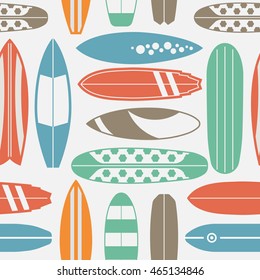 Sea surfing pattern with different type surf desks. Summer travel illustration. Surfing background with vintage surfboards in retro colors. Outline surfboard seamless backdrop. 