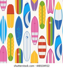 Sea surfing seamless background with different type surf desks. Surfboard pattern in summer colors. Different types of surfboards backdrop.