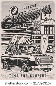 Sea surfing vintage monochrome flyer skeleton driving car next to beach house on ocean coast extreme spends holidays vector illustration