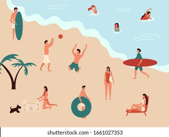 Sea swimming. Active people diving, swim with dog and surfing. Summer ocean swimming, enjoy tropical surfers or surf wave catch vacation vector illustration