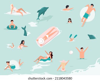 Natación en el mar. Personas activas buceando, nadando con delfines y surfeando. Hombres y mujeres nadando, buceando, surfeando, tumbados en colchón flotante y tomando el sol, jugando con pelota.