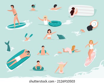 Sea swimming. Active people diving, swim with dolphins and surfing. Men and women swimming, diving, surfing, lying on floating air mattress and sunbathing, playing with ball.