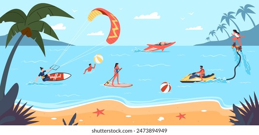 Sea swimming activities. Extreme beach activity, summer holidays, happy people sunbathe and engage in water sports, surfing, flyboarding and wakeboarding nowaday vector cartoon flat concept