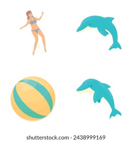 Sea swimming icons set cartoon vector. Active people swim with dolphin. Summer rest