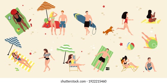 Sea swimming. Men and women swimming, diving, surfing, lying on floating air mattress and sunbathing, playing with ball.
