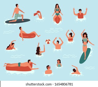 Sea swimming. People in sea or ocean performing various activities. Men and women swimming, diving, surfing, lying on floating air mattress and sunbathing, playing with ball. Flat cartoon illustration