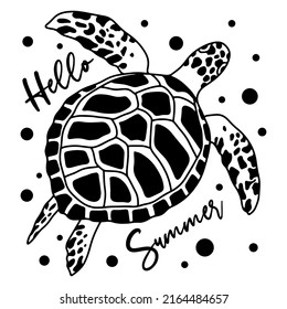Sea Swimming Turtle Vector Illustration For Print And Cut Vinyl. Hello Summer Lettering For Print.