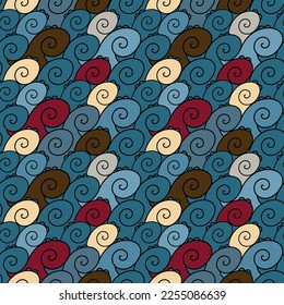 Sea swirling waves of blue, red, brown color. Seamless vector ocean pattern.