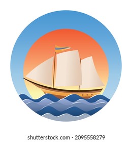 The sea symbol is a sailboat over blue waves on the background of a red rising sun