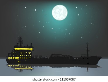 Sea tanker on background of moon and star sky