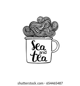 Sea and tea. Cup. Waves. Isolated vector object on white background.